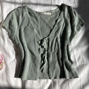 Abercrombie & Fitch Green Ribbed Tie Front Blouse